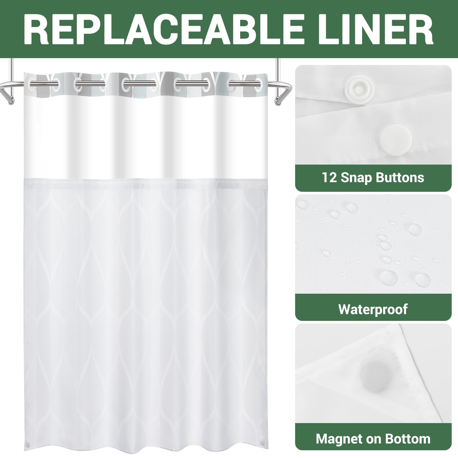 Yiatn No Hook Grey Shower Curtain With Snap In Fabric Liner Set - Hotel Style With See Through Mesh Top Window, Modern Geometric